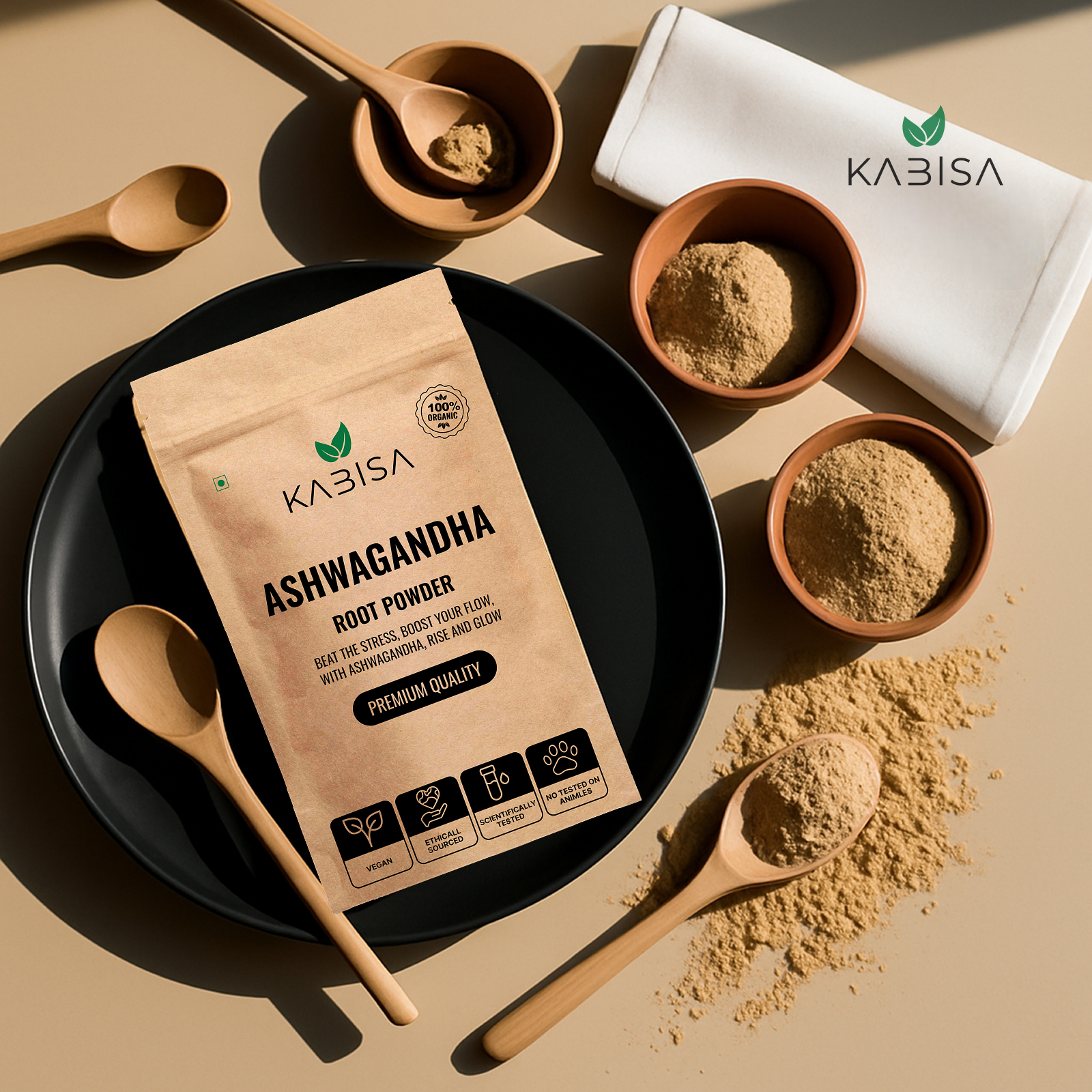 Kabisa Ashwagandha Root Powder front pack — 100% Organic Adaptogen Stress Relief