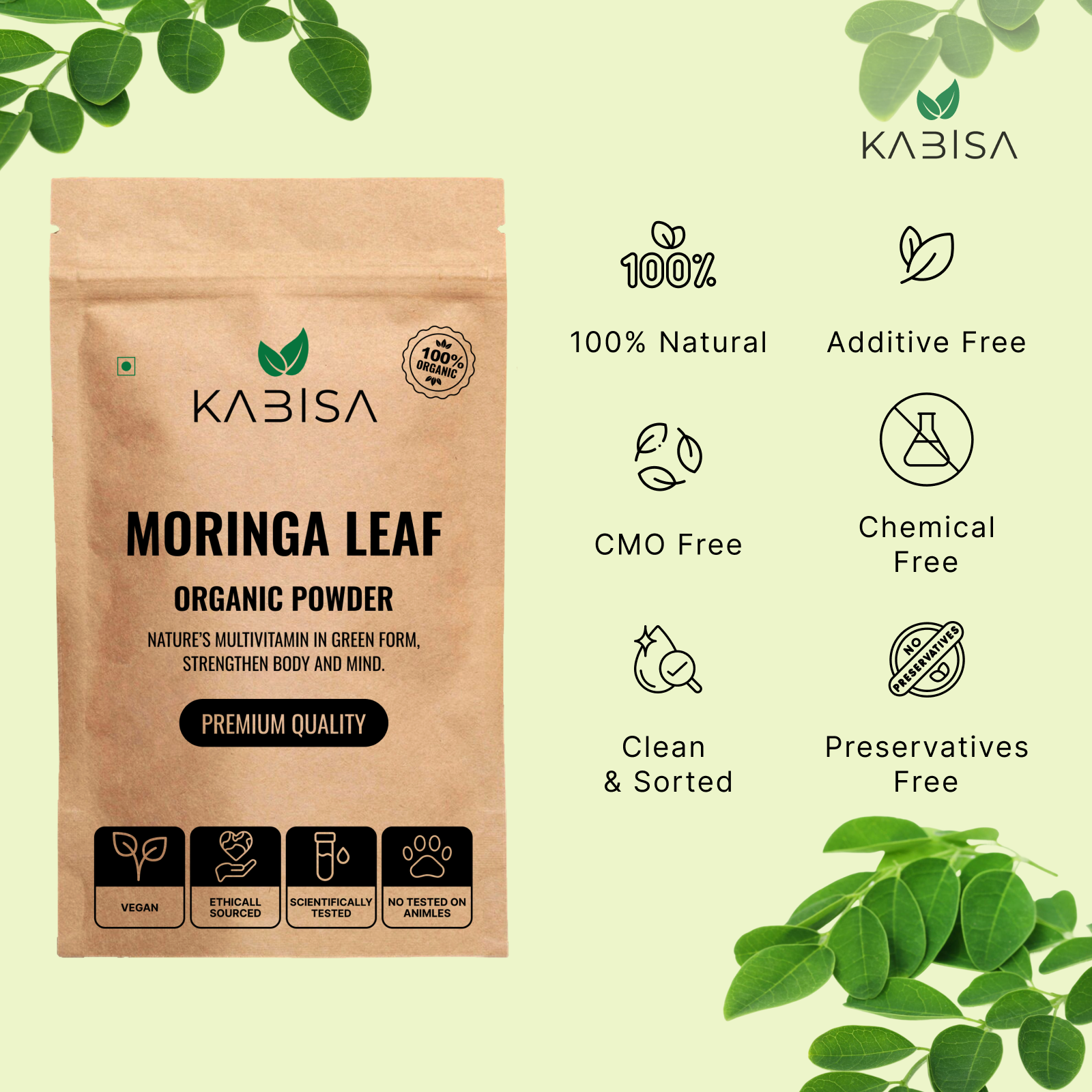 Kabisa Moringa Leaf Organic Powder front pack — 100% Organic Nature's Multivitamin